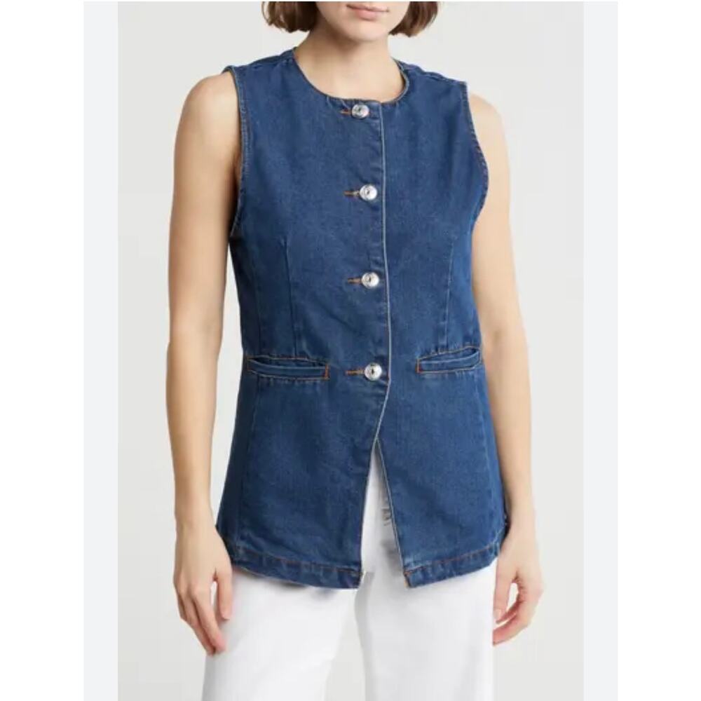 Vigoss women denim suit vest silver buttons front sz. M blue